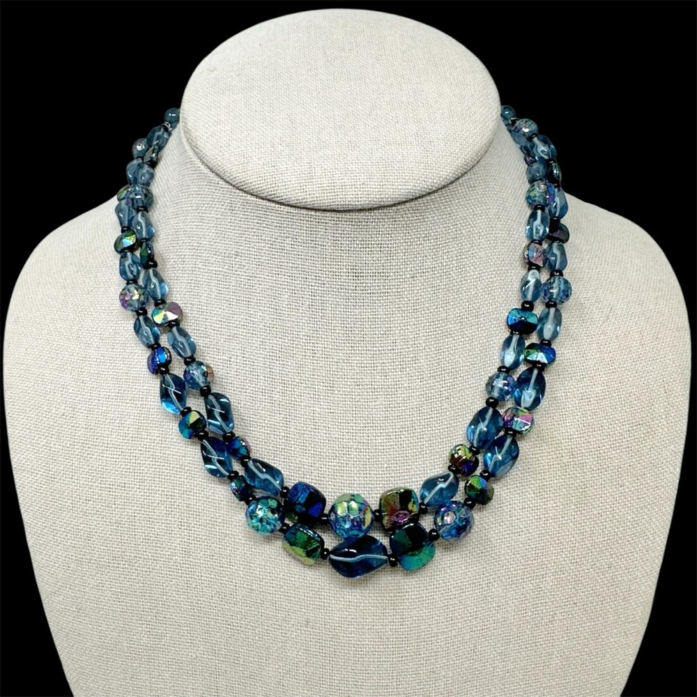 Glass West Germany Blue AB 2 Strand Layered Necklace